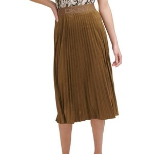 Brand New DKNY Pleated Faux Suede Midi Skirt Pull-in Elastic waist Olive Green